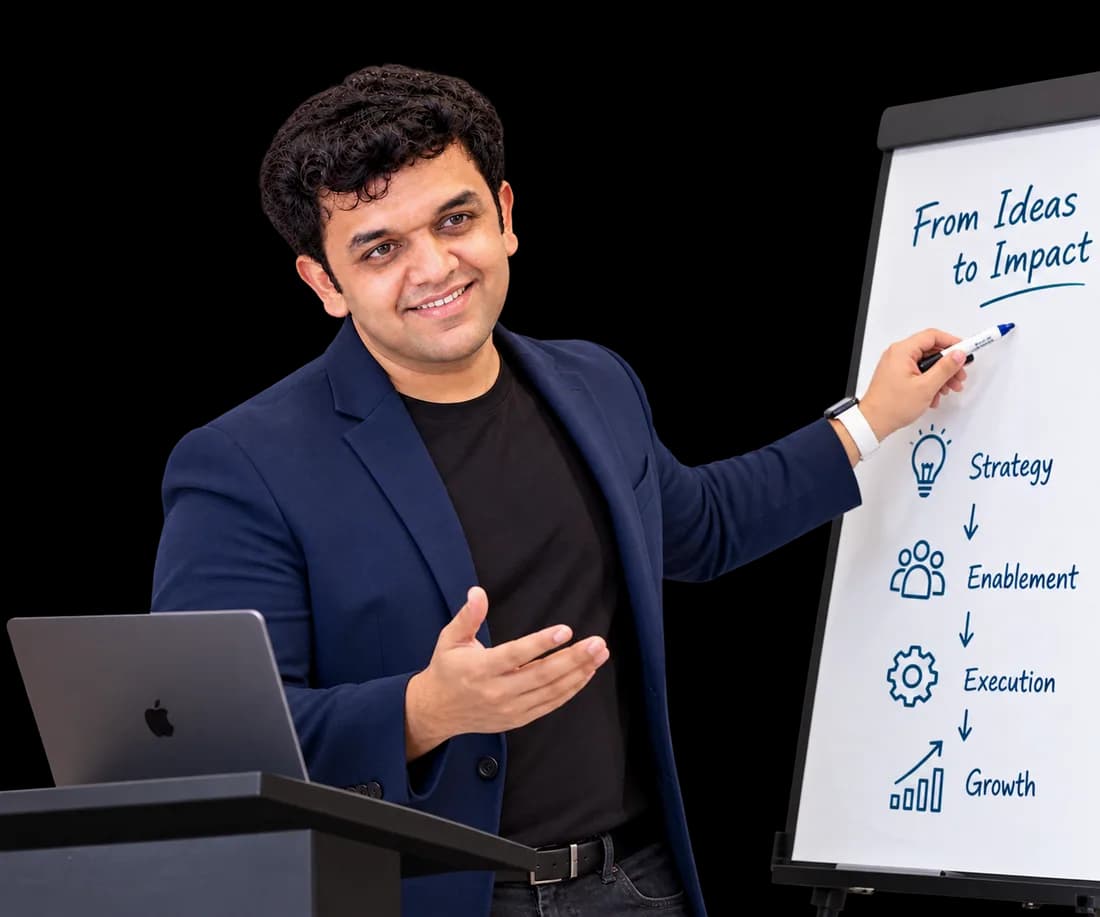 Siddhesh Joglekar at a flipchart showing strategy, enablement, execution and growth