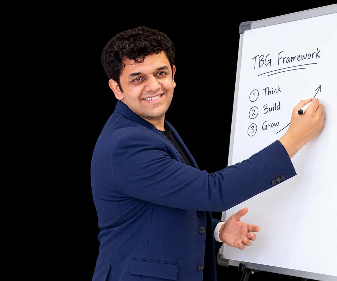 Siddhesh Joglekar writing the Think, Build, Grow framework on a whiteboard