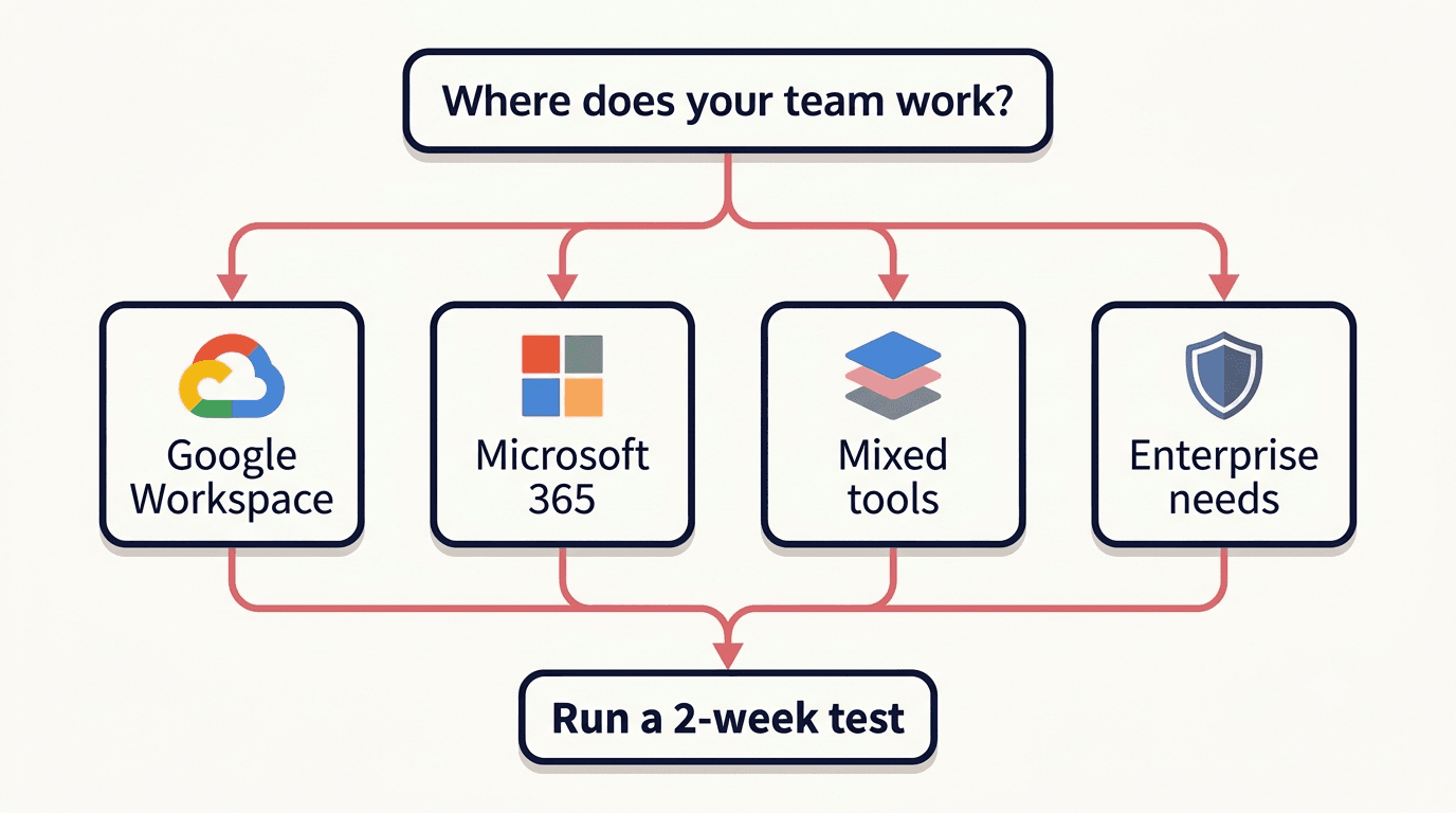 Decision flow for choosing one AI tool for a marketing team: Google Workspace, Microsoft 365, mixed tools, or Enterprise-tier needs